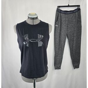 Women's Athletic Under Armour Set Joggers & American Flag Tank Black‎ Gray SZ XS
